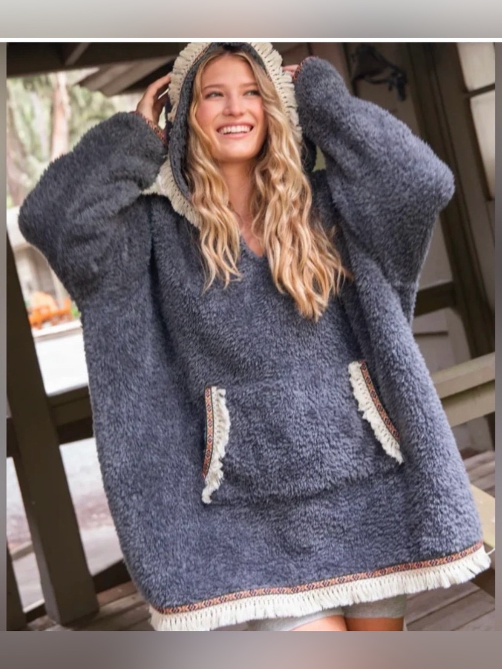Natural Life Charcoal Gray Oversized Blanket Hoodie fringe One Size